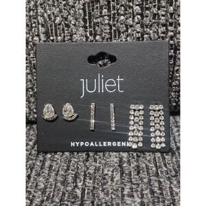 JUILET Set of 3 Hypoallergenic, Silver-Toned Rhinestone Earrings